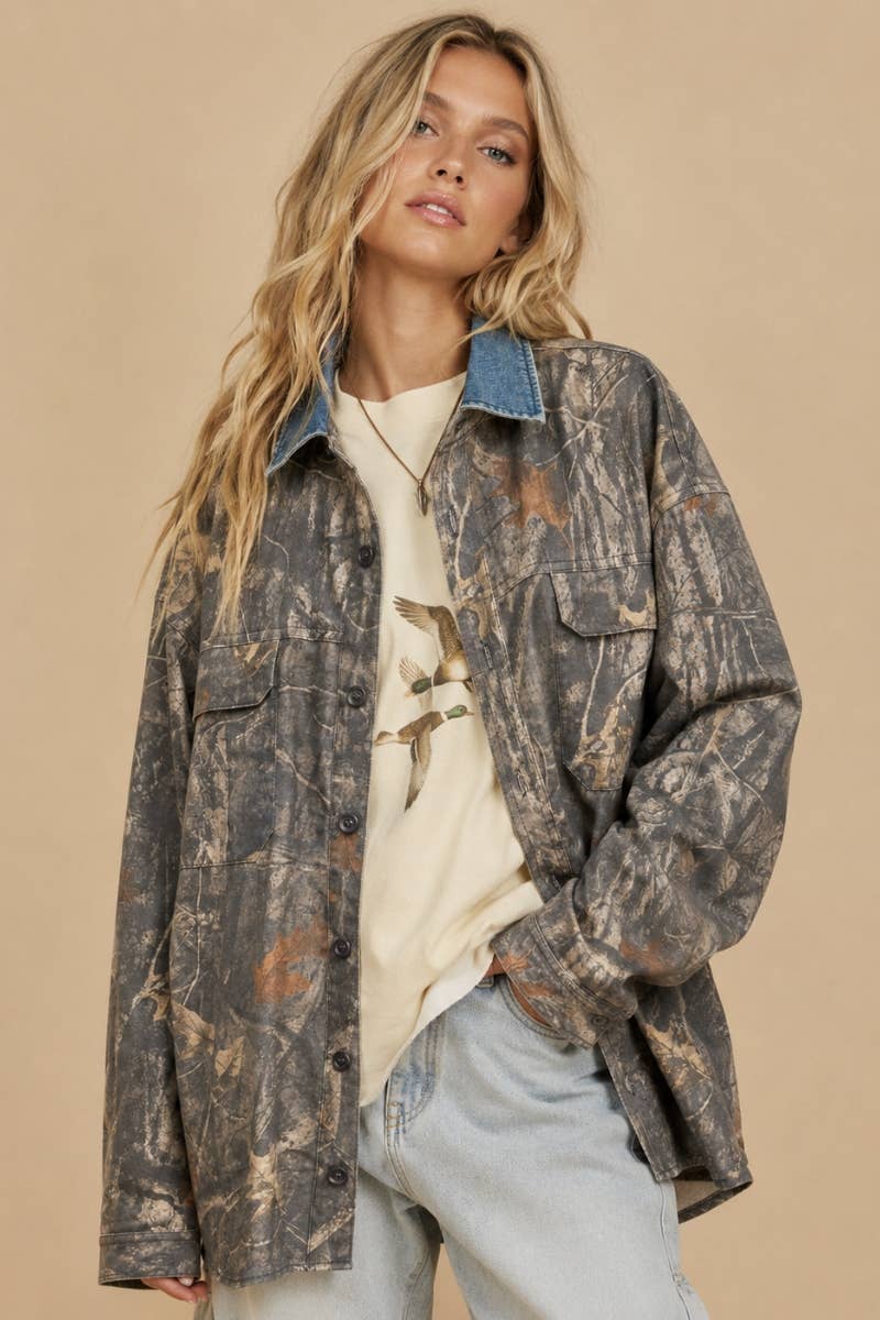 **PRE ORDER** Denim Collar Camo Shacket