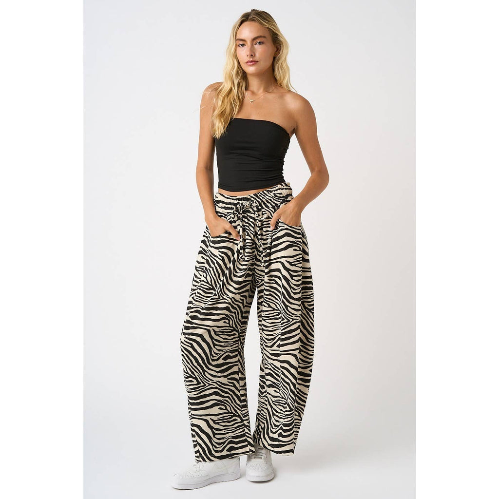 **PRE ORDER** Zebra Print Pull On Barrel Leg Pants
