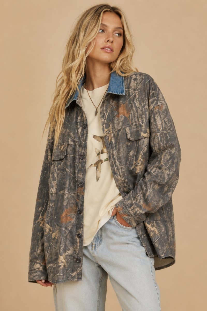 **PRE ORDER** Denim Collar Camo Shacket